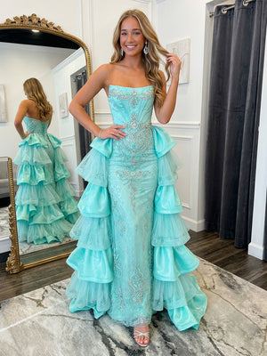 Lace Appliques Strapless Layered Ruffles Prom Dresses