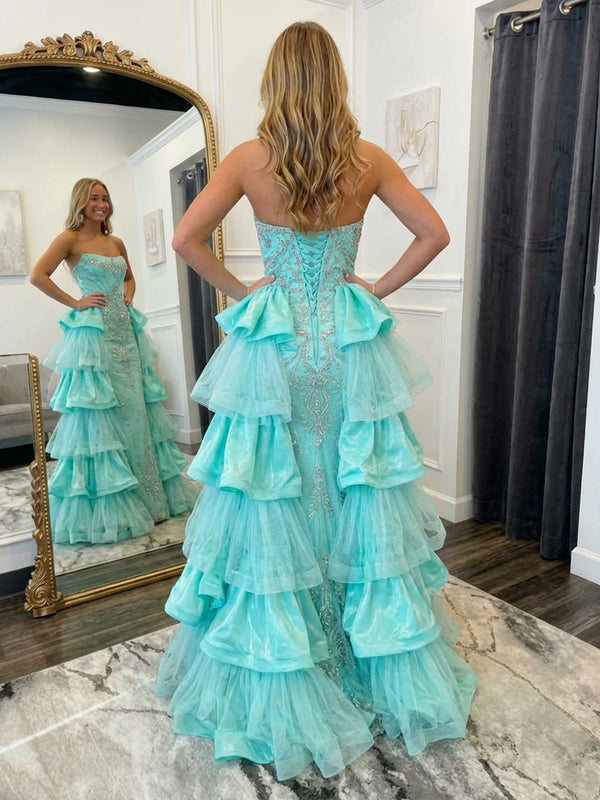 Lace Appliques Strapless Layered Ruffles Prom Dresses