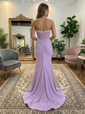 Sweetheart Sequin Strapless Pleated Side Slit Prom Dresses