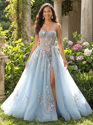 Lace Appliques Sweetheart Tulle Pleated Prom Dresses with Slit