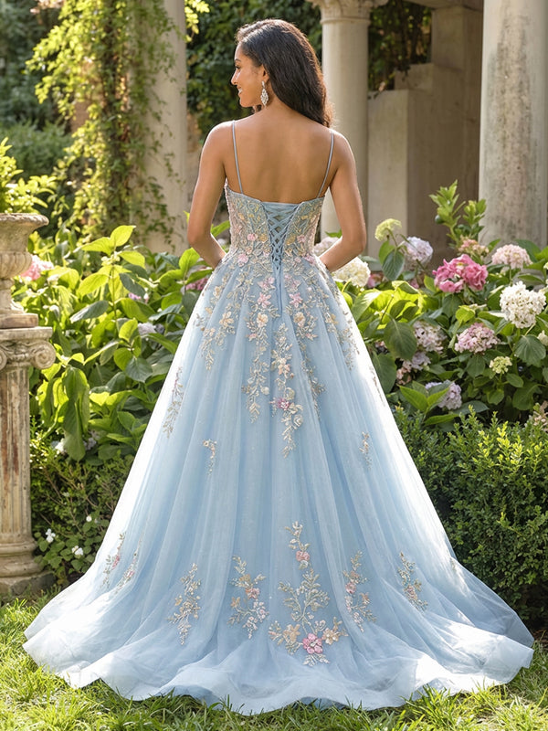 Lace Appliques Sweetheart Tulle Pleated Prom Dresses with Slit