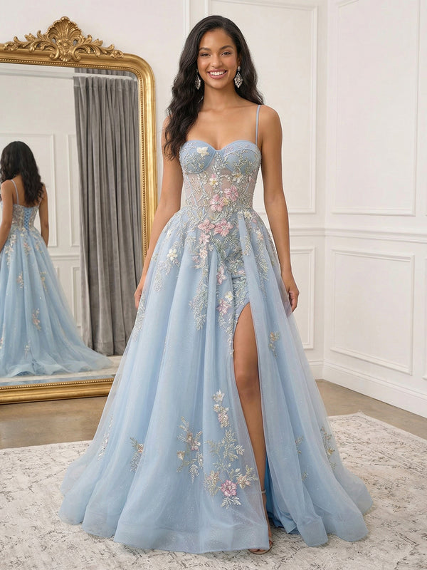 Lace Appliques Sweetheart Tulle Pleated Prom Dresses with Slit