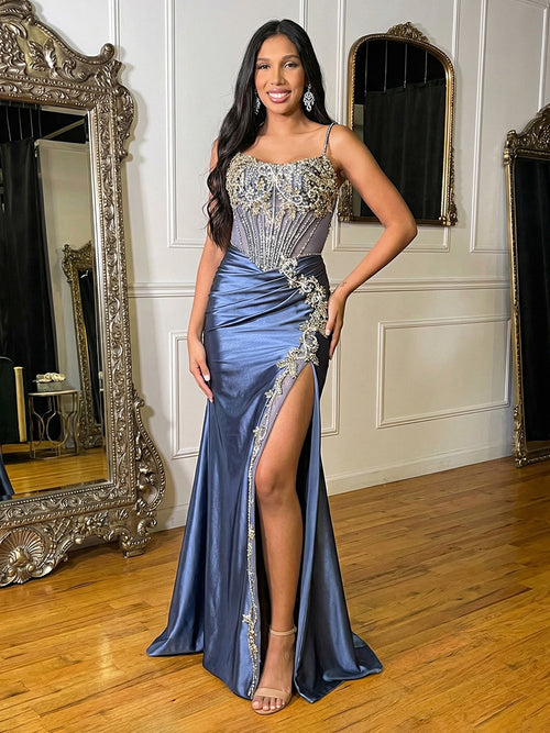 Sweetheart Satin Strapless Pleated Prom Dresses with Slit