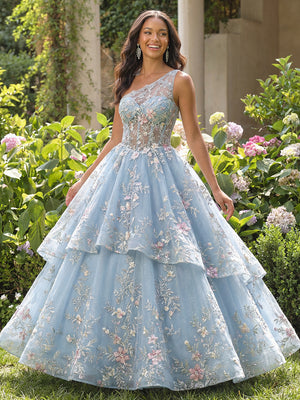 Lace Appliques One Shoulder Tulle Pleated Layered Prom Dresses