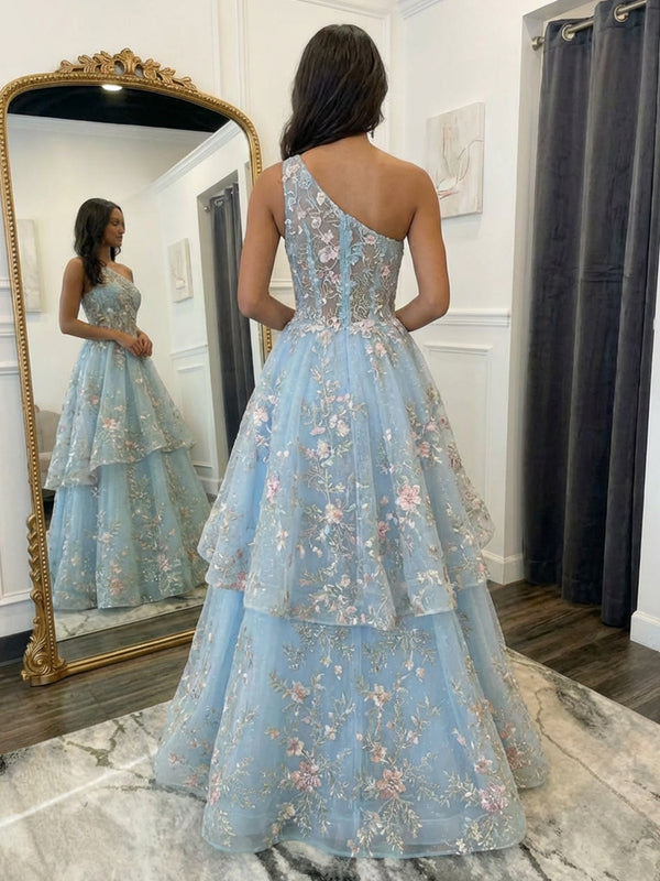 Lace Appliques One Shoulder Tulle Pleated Layered Prom Dresses