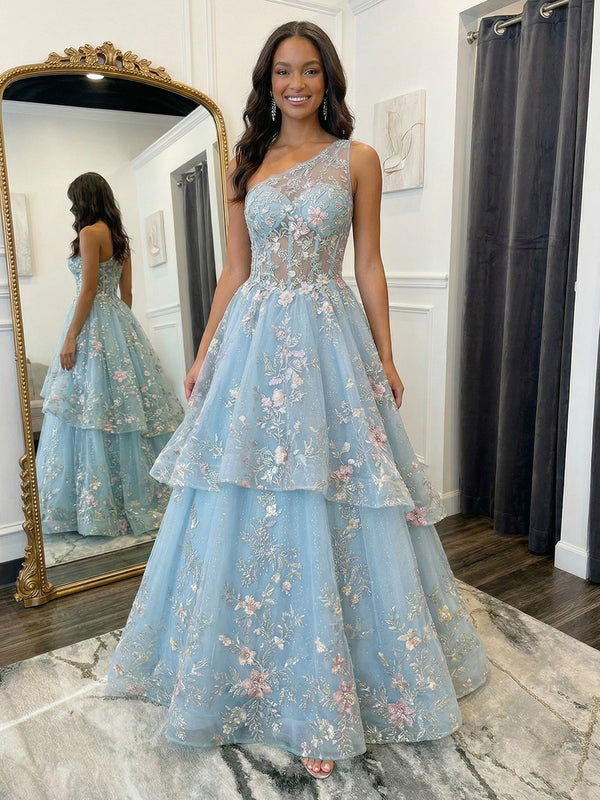 Lace Appliques One Shoulder Tulle Pleated Layered Prom Dresses