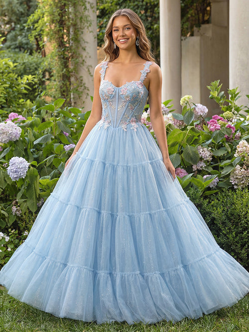 Lace Appliques Sweetheart Tulle Pleated Prom Dresses