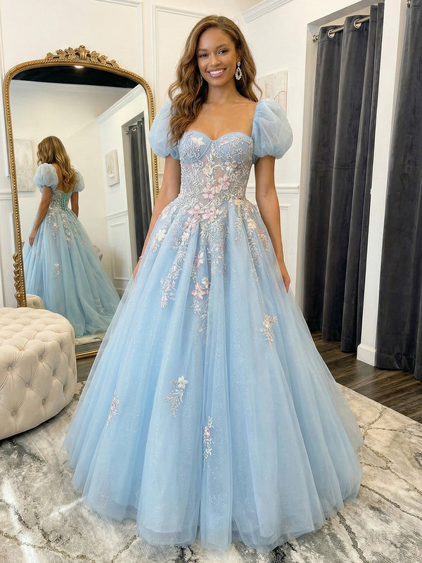 Lace Appliques Sweetheart Tulle Pleated Prom Dresses