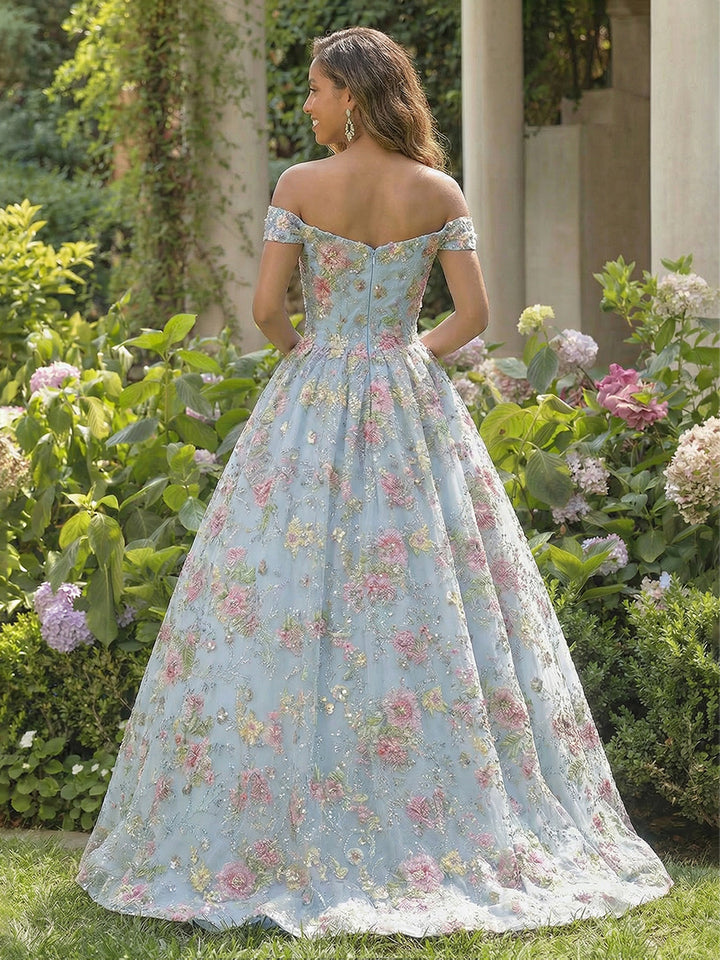 Floral Lace Appliques Off the Shoulder Pleated Evening Dresses
