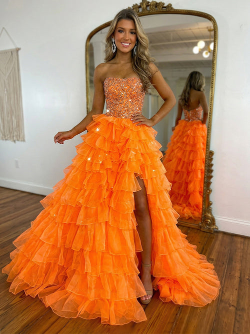 A Line Strapless Tulle Layered Prom Dresses with Slit