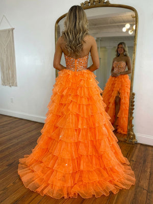 A Line Strapless Tulle Layered Prom Dresses with Slit