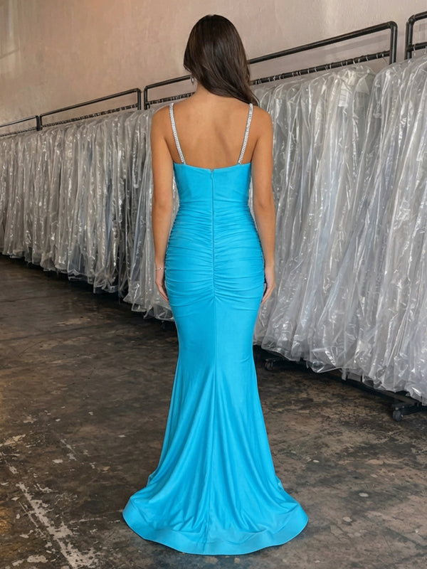 Spaghetti Straps Satin Prom Dresses Maxi Evening Gowns