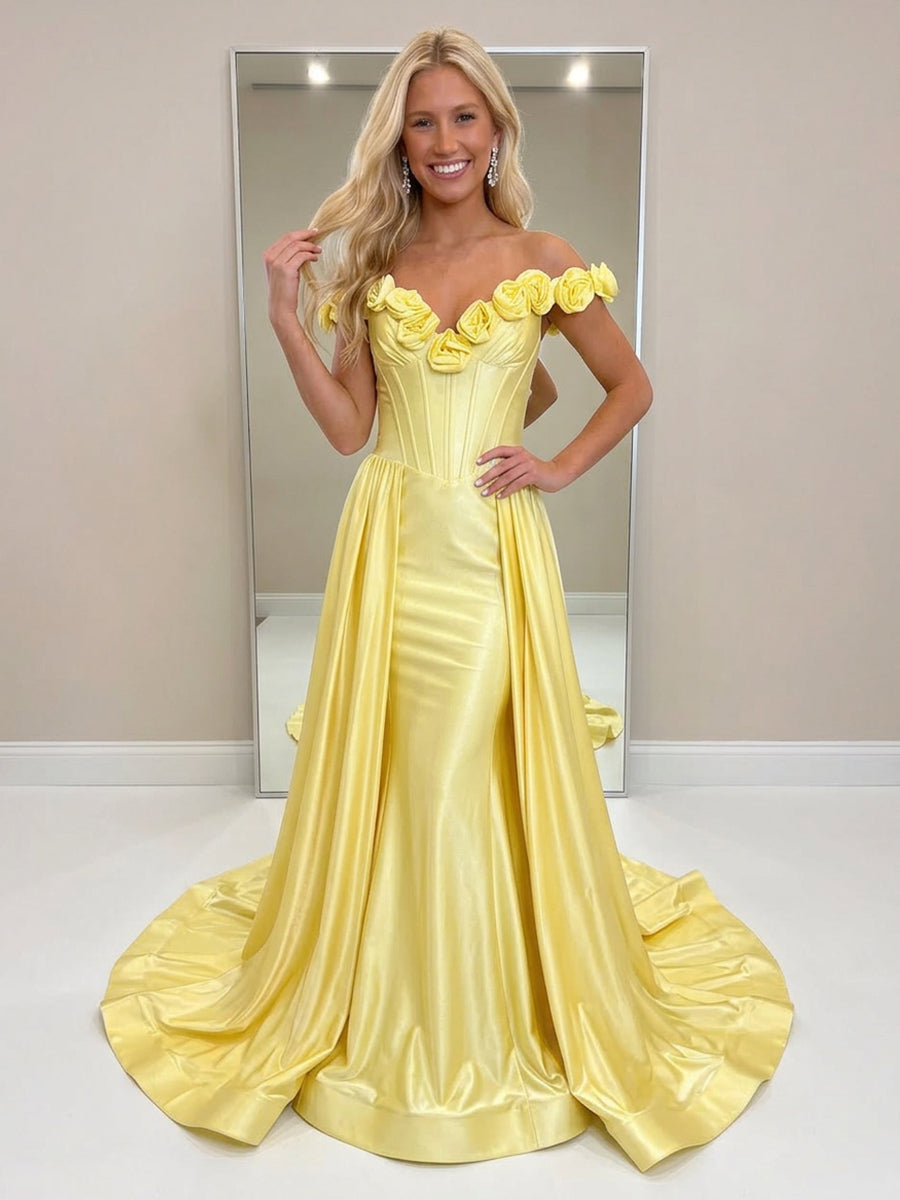 Off Shoulder Satin Prom Dresses with 3D Flower