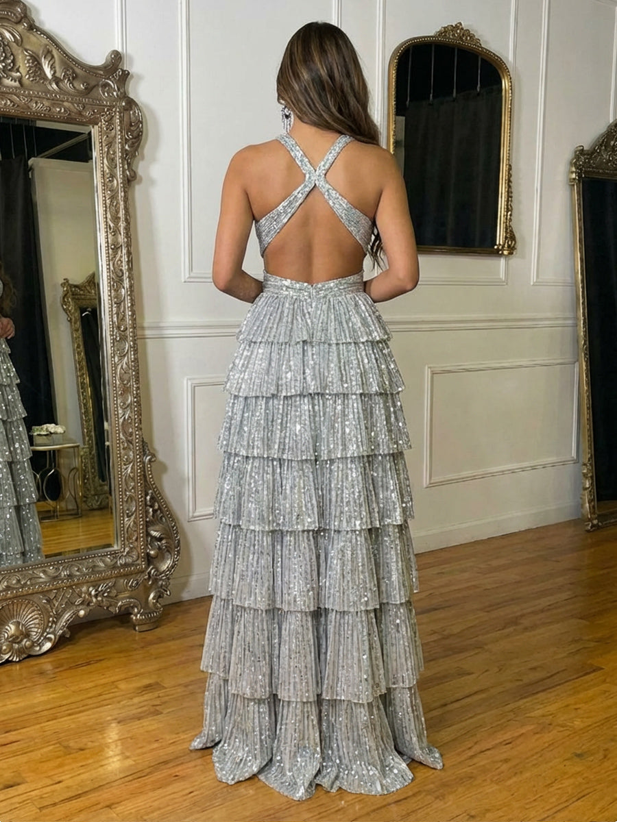 Sequin V Neck Layered Ruffles Cut Out Prom Dresses with Slit