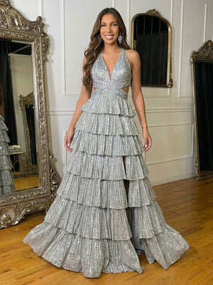 Sequin V Neck Layered Ruffles Cut Out Prom Dresses with Slit