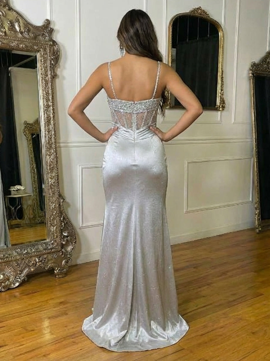 Sequin Spaghetti Straps Sweetheart Pleated Prom Dresses with Slit