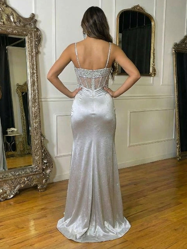 Sequin Spaghetti Straps Sweetheart Pleated Prom Dresses with Slit