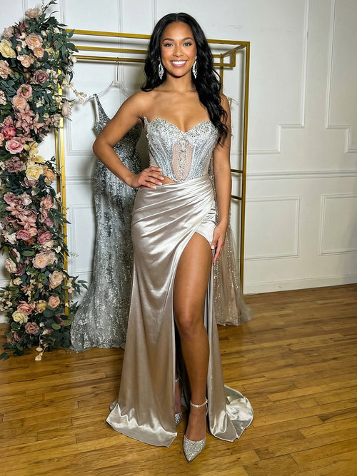 Satin Strapless Sweetheart Pleated Prom Dresses with Slit