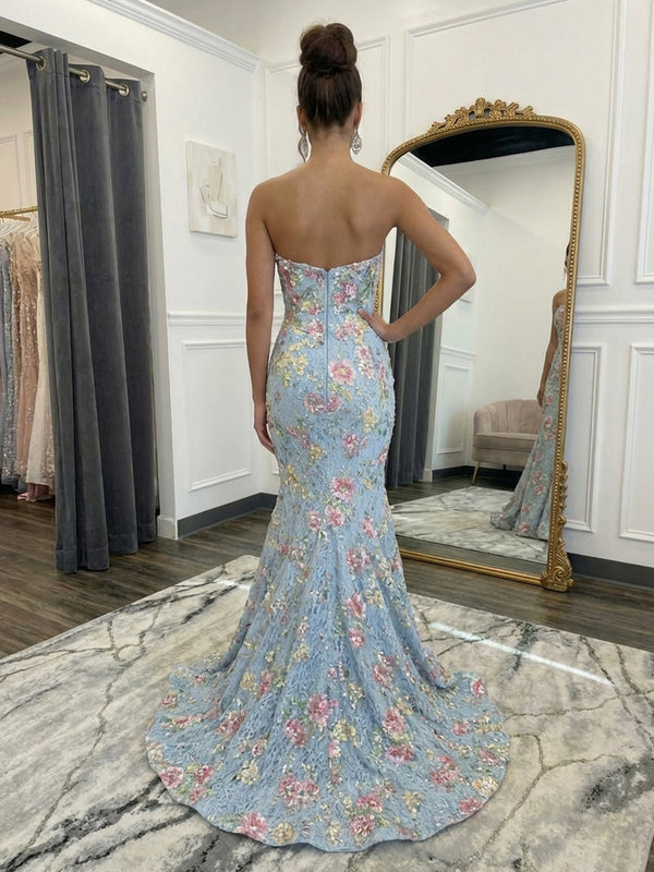 Strapless Lace Evening Dresses with Floral Embroidery
