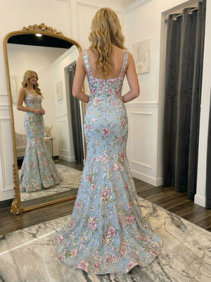 Spaghetti Straps Lace Evening Dresses with Floral Embroidery
