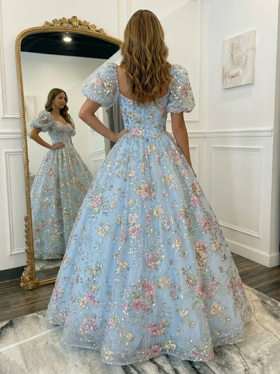 Short Sleeves A Line Prom Dresses with Floral Embroidery