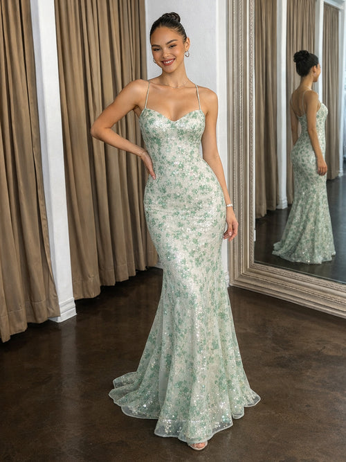 Floral V Neck Spaghetti Straps Mermaid Prom Dresses