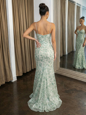Floral V Neck Spaghetti Straps Mermaid Prom Dresses