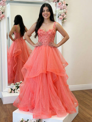 Tulle Spaghetti Straps Layered Lace Appliques Prom Dresses