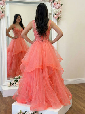 Tulle Spaghetti Straps Layered Lace Appliques Prom Dresses