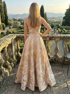 Floral Spaghetti Straps Square Neck Pleated Evening Dresses