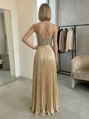 Satin Spaghetti Straps V Neck Pleated Formal Dresses Maxi Gowns for Evening Party