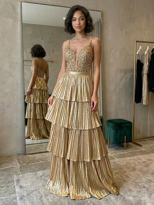 Satin Spaghetti Straps V Neck Pleated Layered Prom Dresses