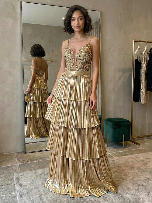 Satin Spaghetti Straps V Neck Pleated Layered Prom Dresses