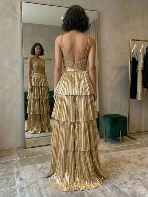 Satin Spaghetti Straps V Neck Pleated Layered Prom Dresses