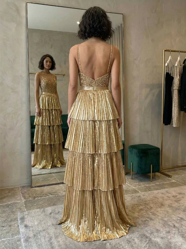 Satin Spaghetti Straps V Neck Pleated Layered Prom Dresses