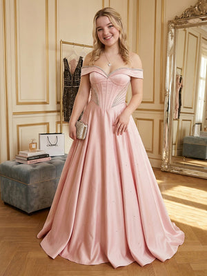 Satin Off the Shoulder Pleated A Line Prom Dresses