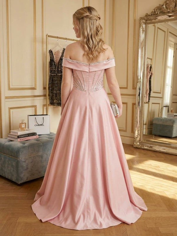 Satin Off the Shoulder Pleated A Line Prom Dresses
