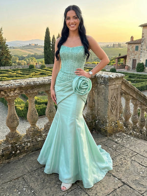 Satin Strapless Pleated Mermaid Prom Dresses with 3D Flower