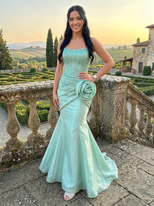 Satin Strapless Pleated Mermaid Prom Dresses with 3D Flower