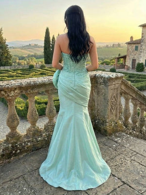 Satin Strapless Pleated Mermaid Prom Dresses with 3D Flower