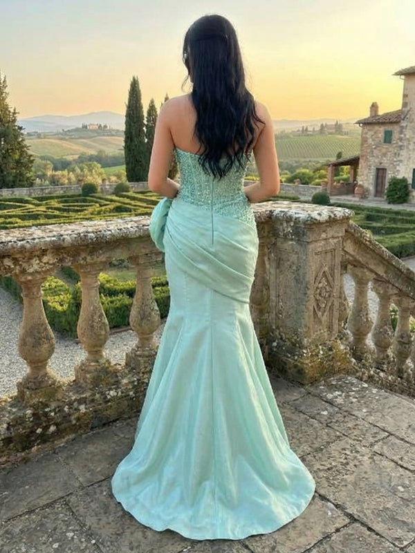 Satin Strapless Pleated Mermaid Prom Dresses with 3D Flower