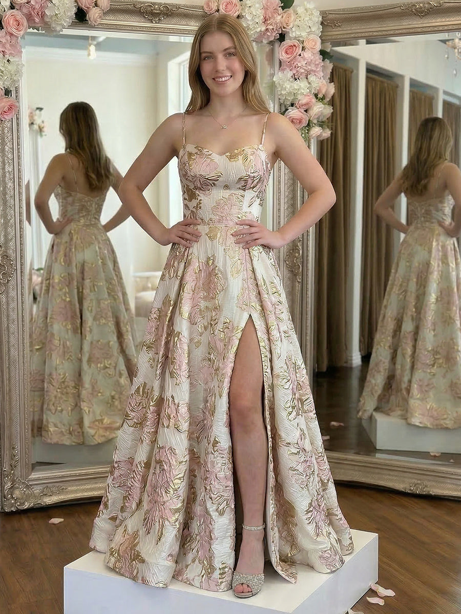 Floral Spaghetti Straps Pleated Prom Dresses with Slit