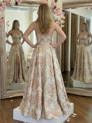 Floral Spaghetti Straps Pleated Prom Dresses with Slit