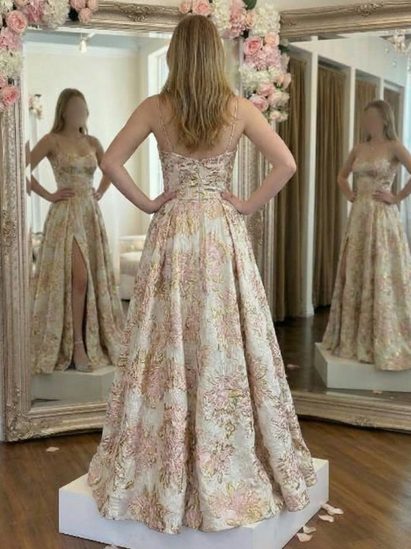 Floral Spaghetti Straps Pleated Prom Dresses with Slit