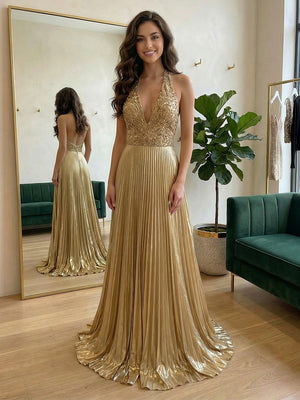 Satin Halter V Neck Pleated A Line Prom Dresses