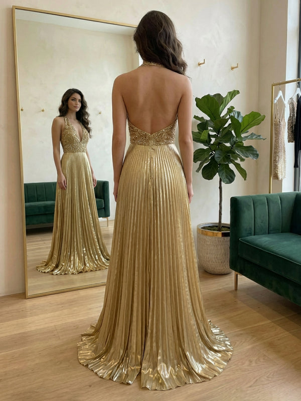 Satin Halter V Neck Pleated A Line Prom Dresses