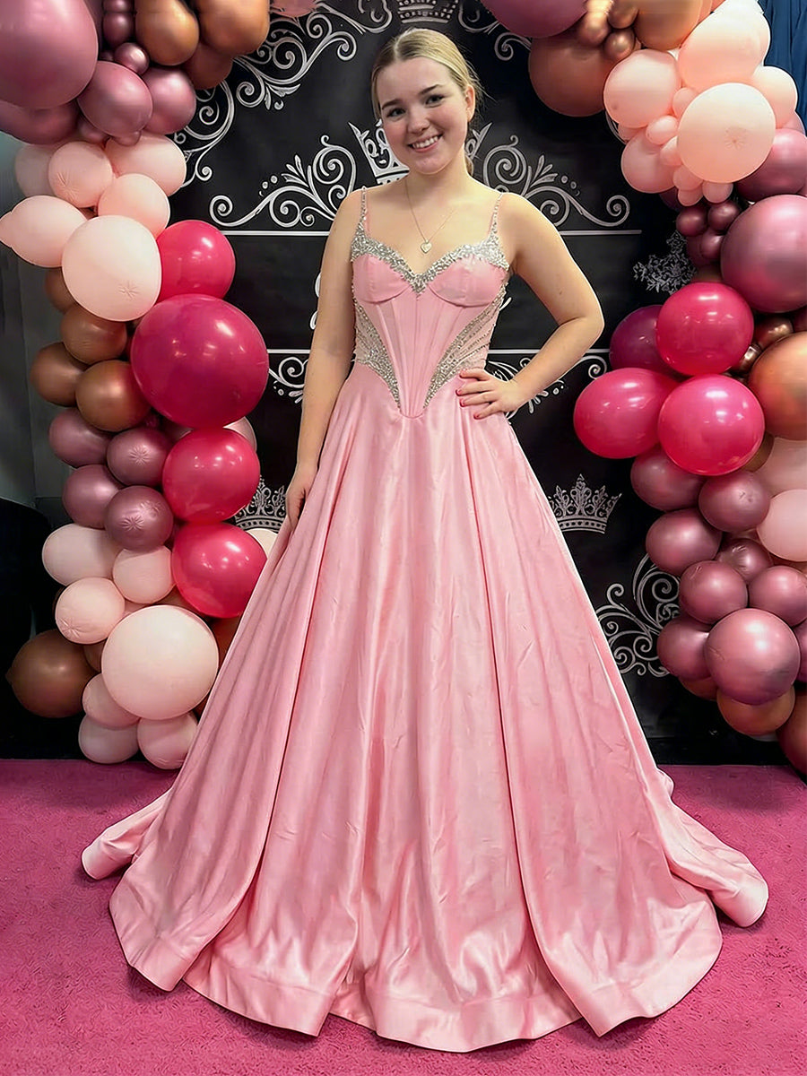 Satin Spaghetti Straps Sweetheart Pleated A Line Prom Dresses