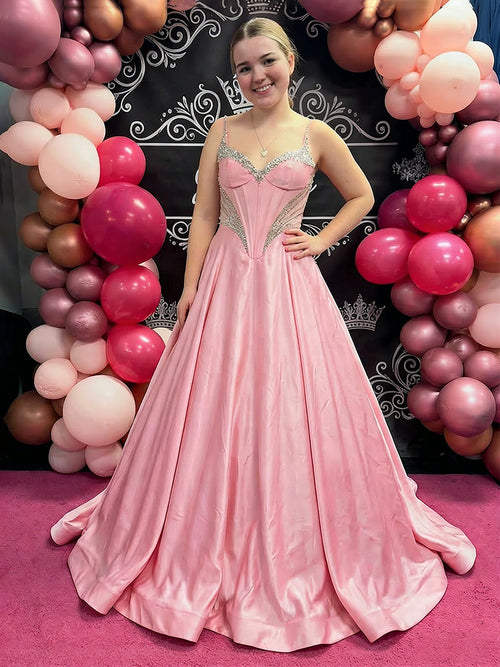 Satin Spaghetti Straps Sweetheart Pleated A Line Prom Dresses