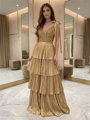 Satin Spaghetti Straps V Neck Pleated Layered Prom Dresses with Bow