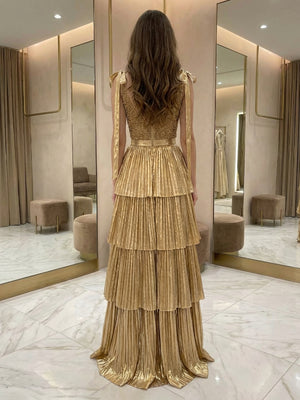 Satin Spaghetti Straps V Neck Pleated Layered Prom Dresses with Bow